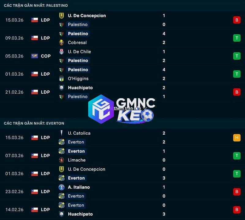 Phong độ gần đây của Palestino vs Everton de Vina