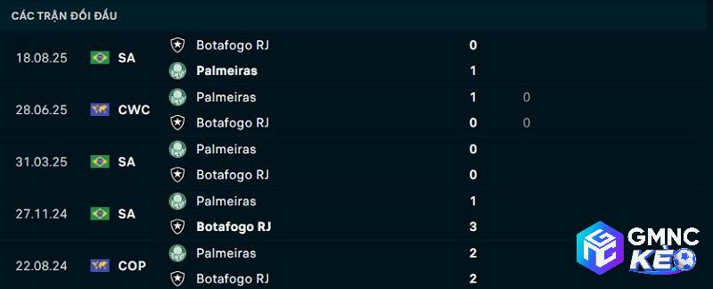 Lịch sử đối đầu Palmeiras vs Botafogo